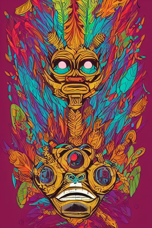 Image similar to animal mask totem roots flower tribal feather gemstone plant wood rock shaman vodoo video game vector cutout illustration vivid multicolor borderlands comics by josan gonzales and dan mumford radiating a glowing aura