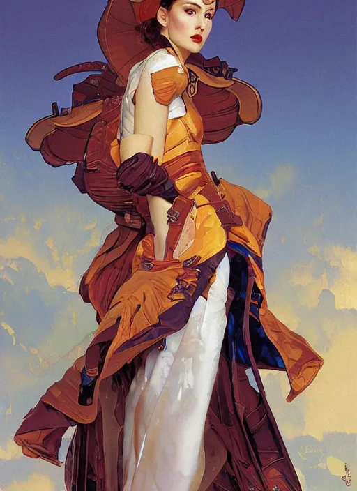 Prompt: an art nouveau realistic illustration of padme amidala wearing an anorak and an evangelion pilot suit designed by balenciaga by john berkey by stanley artgerm lau, greg rutkowski, thomas kinkade, alphonse mucha, loish, norman rockwell