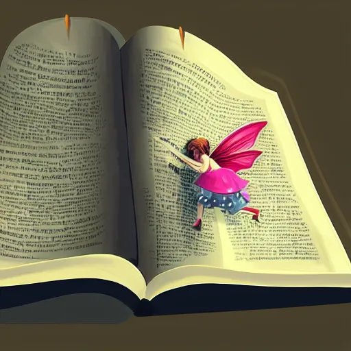 Image similar to you can see a big old open book in close - up. above the book floats a small sweet fairy, digital painting, fantasy art, ultra realistic, 4 k