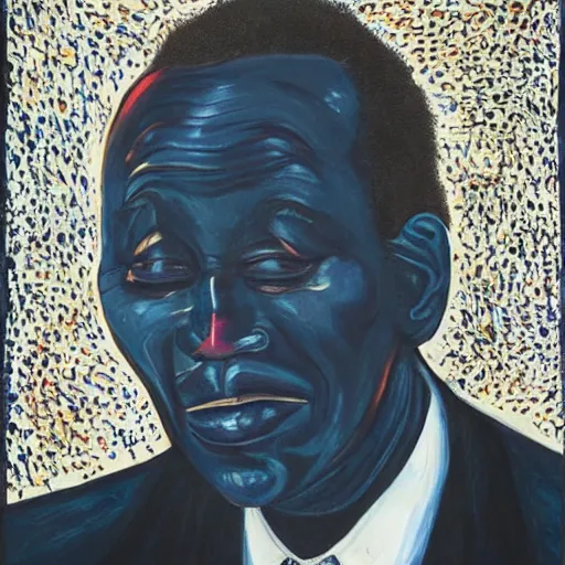 Prompt: a painting of a fatherly wide forehead, round face, XXL , loving, caring, generous, ever-present, humble, wise elder from Kenya in a suit by Wangechi Mutu . Fatherly/daddy, focused, loving, leader, relaxed. Blue background, heavenly lights, details, smooth, sharp focus, illustration, realistic, cinematic, artstation, award winning, rgb , unreal engine, octane render, cinematic light, macro, depth of field, blur, red light and clouds from the back, highly detailed epic cinematic concept art CG render made in Maya, Blender and Photoshop, octane render, excellent composition, dynamic dramatic cinematic lighting, aesthetic, very inspirational, arthouse.