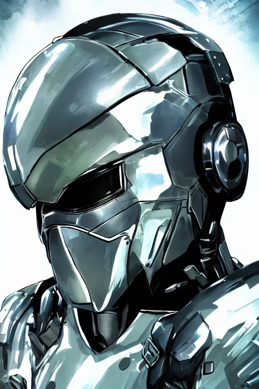 Image similar to cyber cyborg ninja mask helmet metal gear solid artic suit swat commando, global illumination ray tracing hdr fanart arstation by sung choi and eric pfeiffer and gabriel garza and casper konefal, a spectacular view cinematic rays of sunlight comic book illustration, by john kirby