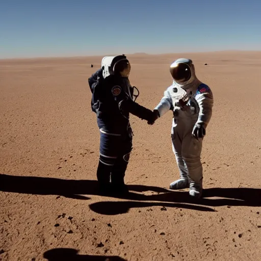 Image similar to two astronauts standing in the middle of a desert shaking hands, one of the astronauts are on fire