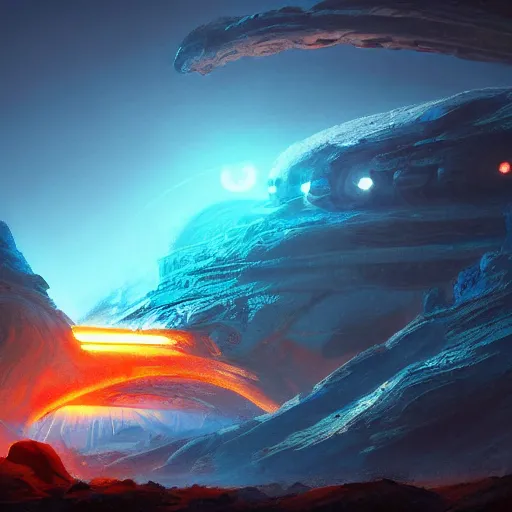 Image similar to Beautiful alien landscape, gas storm volumetric, blue and orange scheme, intricate, cinematic lighting, highly detailed, digital painting, artstation, concept art, smooth, sharp focus, illustration, art by Artgerm and Greg Rutkowski