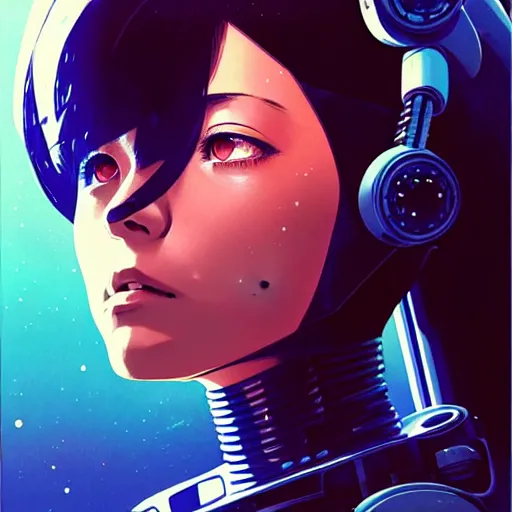 Image similar to side portrait scifi cyborg girl with robotic parts and spacesuit | | head only in center of image, audrey plaza, fine detail!! anime!! realistic shaded lighting!! poster by ilya kuvshinov katsuhiro otomo ghost - in - the - shell, magali villeneuve, artgerm, jeremy lipkin and michael garmash and rob rey