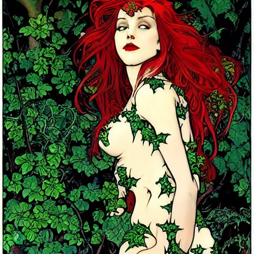 Image similar to a beautiful painting of poison ivy dressed as my new goth girlfriend, intricate, elegant, highly detailed, digital painting, artstation, concept art, matte, sharp focus, illustration, art byby rebecca guay and by arthur rackham and by alphonse mucha and by john william waterhouse, comic book style!!!!!