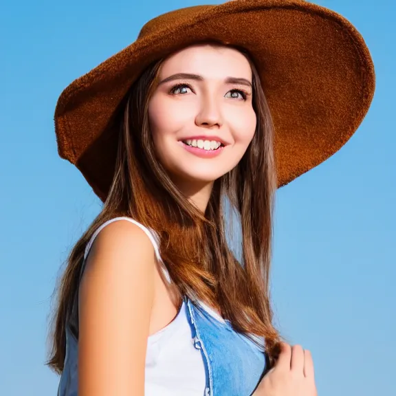 Image similar to portrait of 2 5 - year - old social media profil woman oval pretty face with angle 9 0 ° centred looking away breading fresh air, strong spirit and look between serious and happy, caracter with brown hat, background soft blue