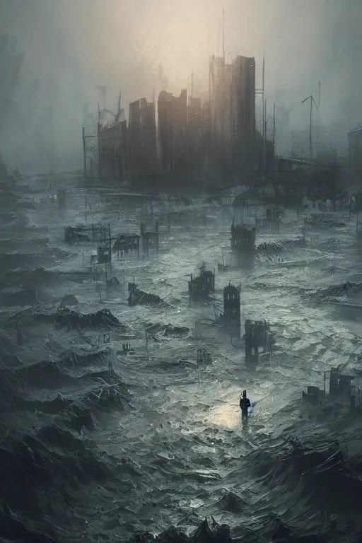 Image similar to sinking city, flood, lovecraftian, chaos, digital art, in the style of greg rutkowski, trending on artstation