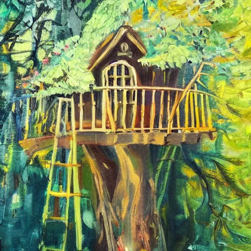 Image similar to treehouse in the countryside on a sunny day, peaceful, dreamy, brush strokes, oil painting