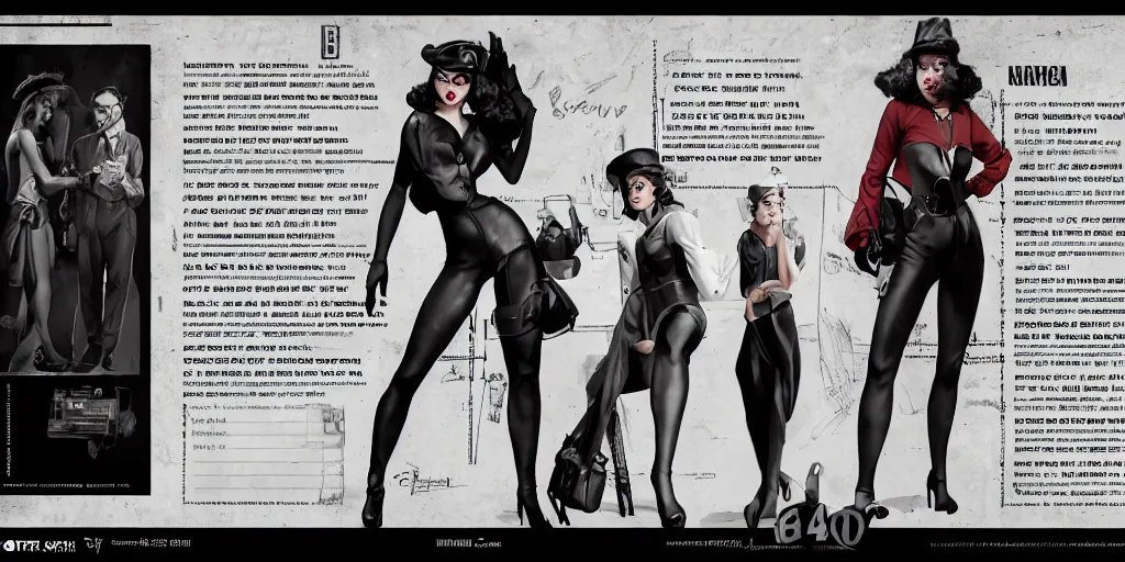 Image similar to noir girl 4 0 s film, character sheet, concept design, contrast, milo manara, frank miller, hot toys, kim jung gi, greg rutkowski, zabrocki, karlkka, jayison devadas, trending on artstation, 8 k, ultra wide angle, pincushion lens effect