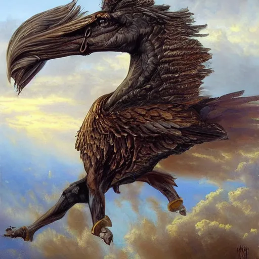 Image similar to realistic oil painting, a winged horse with an eagle head, highly detailed, trending on artstation, by james gurney and michael whelan