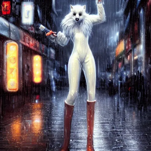 Image similar to white anthropomorphic female vulpes vulpes fulva, long snout, fluffy tail, smoking a cigarette in the rain, in crowded and wet street of a city, cyberpunk, harsh neon lights, highly detailed, digital painting, trending on artstation, concept art, sharp focus, illustration, art by artgerm and greg rutkowski and magali villeneuve