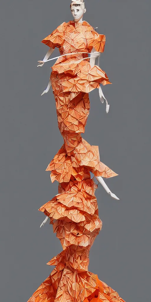 Image similar to portrait of a beautiful ceramic female tiger model wearing sakura and peach ( ( origami themed paper flower ) ) and metallic molded shaped gown, haute couture by issey miyake