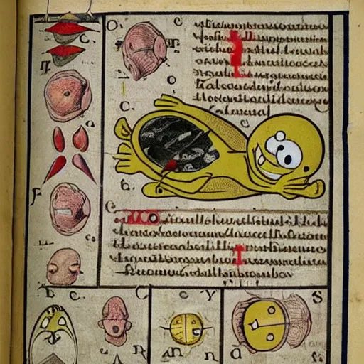 Image similar to anatomy of spongebob, page from an old 1 4 th - century encyclopaedia