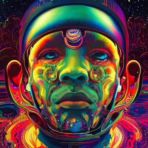 Image similar to An extremely psychedelic experience, colorful, surreal, dramatic lighting, cosmonaut, LSD, face, detailed, intricate, elegant, highly detailed, digital painting, artstation, concept art, smooth, sharp focus, illustration, art by Sam Spratt, Dan Mumford, Artem Demura and Alphonse Mucha