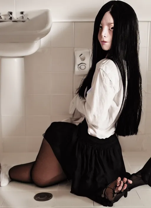 Prompt: a 1 4 year old girl eveline from resident evil 7 with straight long black hair wearing black dress that sitting on bathroom floor, model エリサヘス s from acquamodels