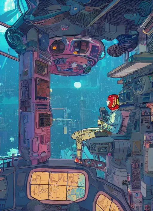 Prompt: explorer with cyberpunk headpiece playing video games in his treehouse, highly detailed, 4 k, midnight, by victo ngai and james gilleard, moebius, laurie greasley, adventure time colour palette