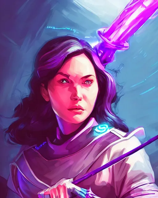 Image similar to A witch wielding a futuristic power staff, digital apex legends illustration portrait, gorgeous lighting, wide angle action dynamic portrait, perspective shot, art by Nick Sullo, Pink and blue palette, high contrast,