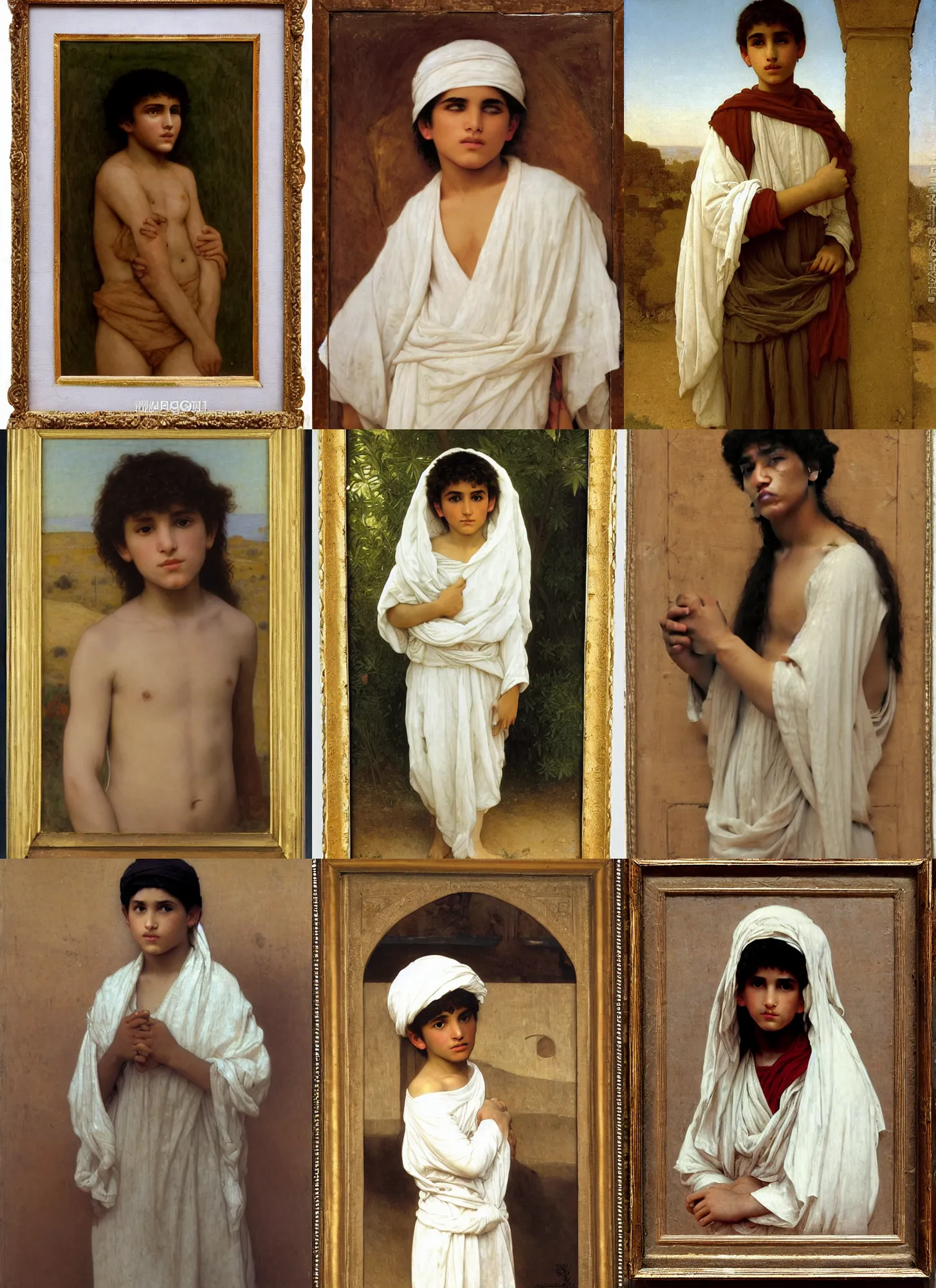 Prompt: 14 yo berber boy, white cloth, orientalism, pre-raphaelite bouguereau