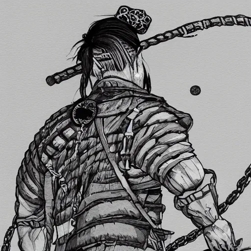 Image similar to A PORTRAIT FROM BEHIND OF A SAMURAI MAN VAGABOND WITH A MOON BEHIND HIM ,THE SAMURAI IS WRAPPED IN CHAINS ,detailed, concept art, ink style , sketch