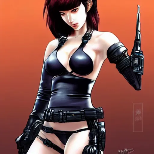 Image similar to concept art illustration of young japanese christina hendricks natalie portman as lara croft motoko kusanagi anime protagonist, wearing tokyo harajuke street fashion combat warrior fantasy bikini, intricate, elegant, art by artgerm and rosstran, masamune shirow