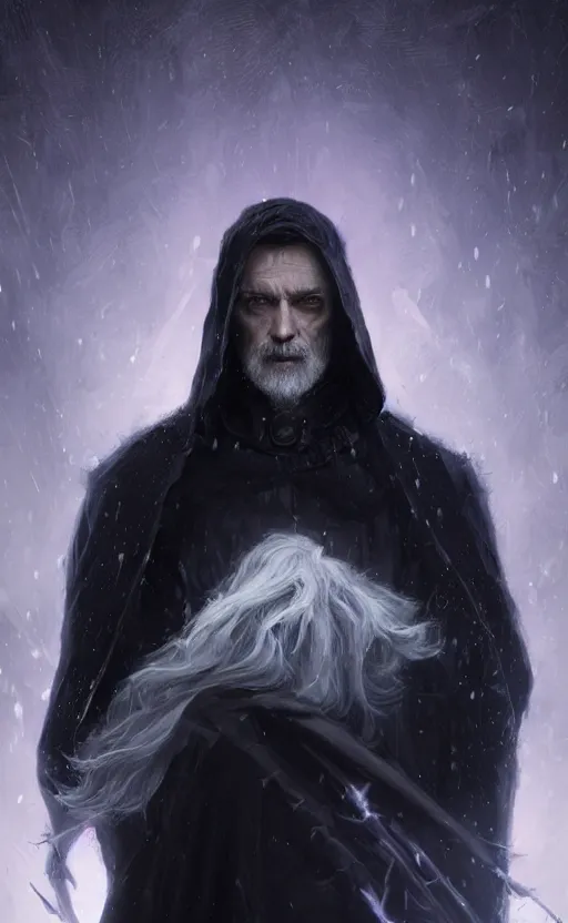 Image similar to portrait of a man with glowing purple eyes dressed in a black cloak with silver hair, detailed face, fantasy, highly detailed, cinematic lighting, digital art painting by greg rutkowski