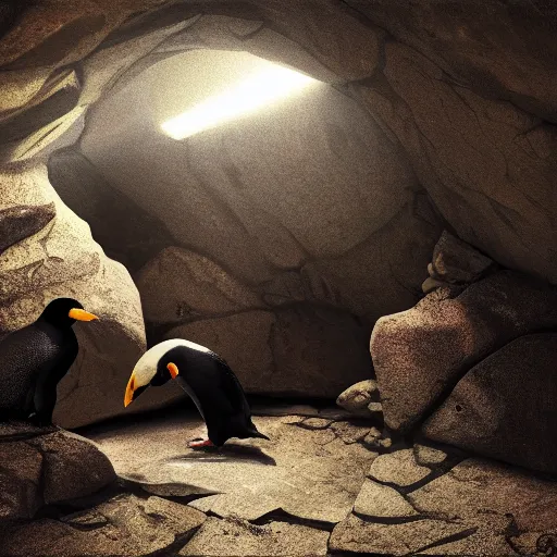 Image similar to lonely penguin playing in a cave, abandoned by its herd, cinematic lighting, 4k painting