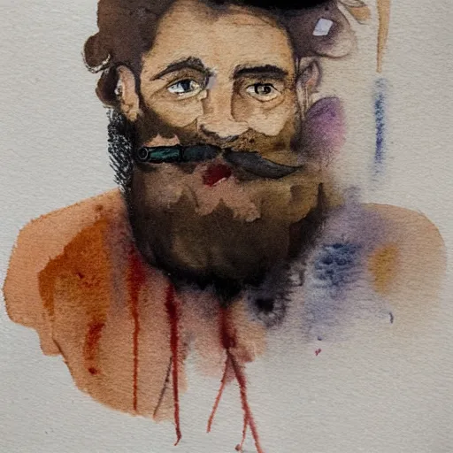 Prompt: Expressionism watercolor portrait of a man with a beard, he is smoking a cigarette, he is wearing a brown sweater