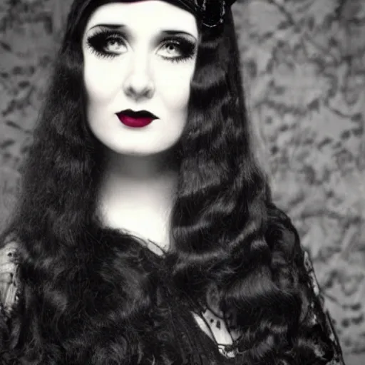 Image similar to young woman, angelica morticia addams, long black hair, short, flapper, vintage, creepy, beautiful, macabre