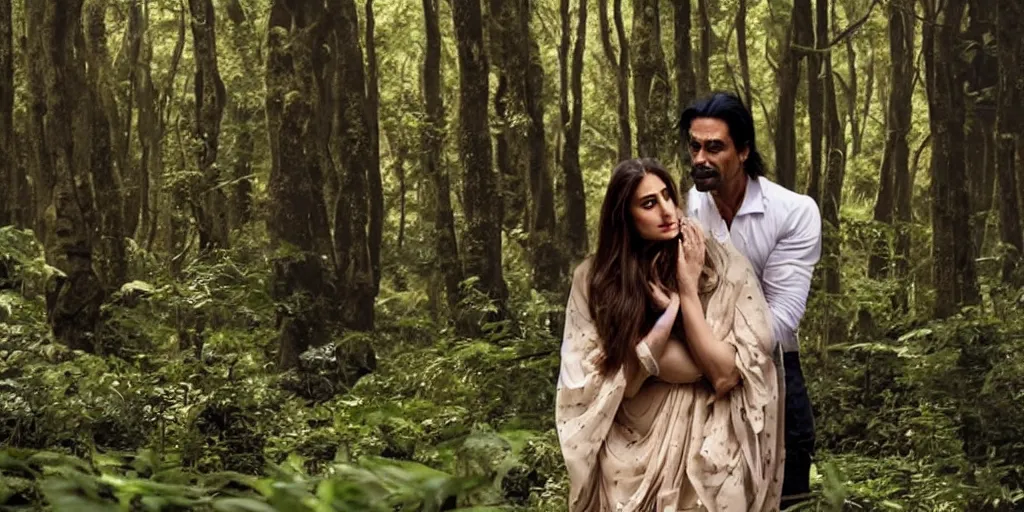 Image similar to kareena kapoor and arjun rampal kissing in a forest, natural lighting, hyper detailed, photographic, cinematic lighting, studio quality.