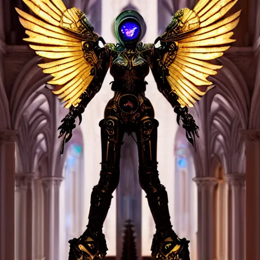 Prompt: female cyber angel, wings, ornate cyberpunk armor, ornate cyberpunk interior, ruins, cyberpunk cathedral, at ancinet Agora of Athens,Golden Light, Cathedral, 8K, trending on artstation, volumetric light, lightrays, smoke, cinematic, atmospheric, insanely detailed and intricate, hypermaximalist, elegant, ornate, luxury, elite, by James Jean, super detailed, face details trending on artbreeder, golden ratio