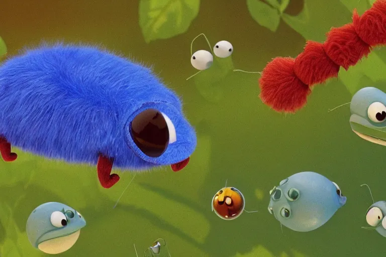 Image similar to disney pixar's a bug's life, cgi caterpillar colorful, furry caterpillar