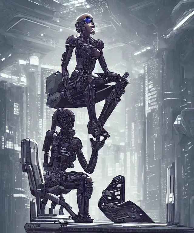 Image similar to majestic cyborg princess sitting on a metal throne in a futuristic castle, cyberpunk, highly detailed, sharp lines