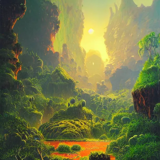 Image similar to illustration of a lush natural scene on an alien planet by paul lehr. extremely detailed. beautiful landscape. weird vegetation. cliffs and water.