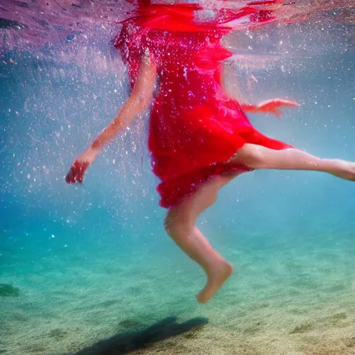 Prompt: medium close up cinematic of a beautiful teen completely underwater wearing a floral sundress, eyes closed, bright red lipstick, sinking as if drowing, motion blur, long exposure