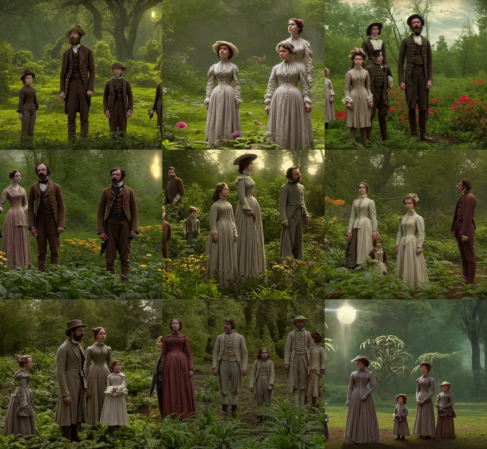 Prompt: sharp, highly detailed, film from a 2 0 1 9 sci fi 8 k movie, set in 1 8 6 0, a family standing in a park on a strange alien planet, surrounded by alien plants and flowers, wearing 1 8 6 0 s clothes, atmospheric lighting, in focus, reflective eyes, 3 5 mm macro lens, live action, nice composition
