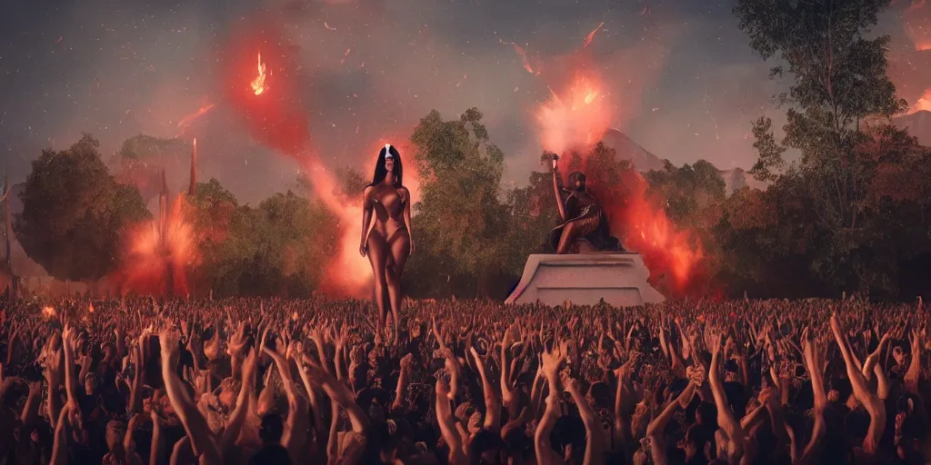 Image similar to realistic cinematic views of a Orwellian Coachella with fires in the background and dead birds falling from the sky in front of the main stage worshipping a large statue of kim kardashian, hyper detailed, terror glows, hyper realistic, digital painting, 8k, 35mm film grain, octane render