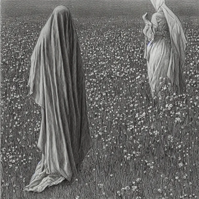 Prompt: faceless grim reaper with veil over face at distance in beautiful meadow of flowers, detailed pencil illustration by gustave dore, highly detailed, centered, high resolution, smooth, sharp focus, illustration