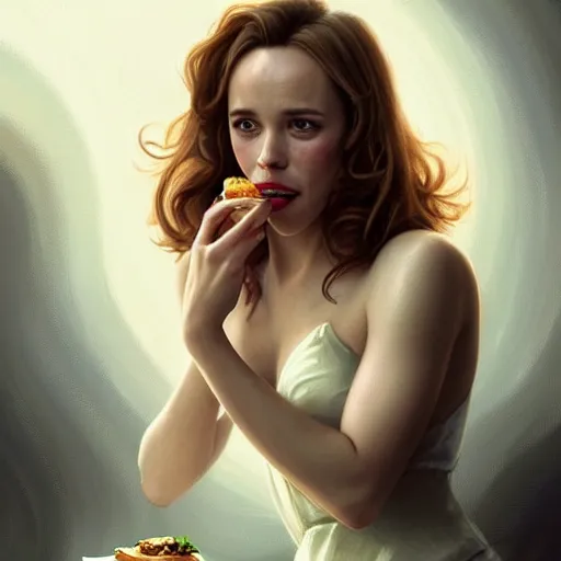 Image similar to portrait of Rachel McAdams eating hamburgers, extra onions and ketchup, luscious patty with sesame seeds, feminine ethereal, handsome, D&D, fantasy, intricate, elegant, highly detailed, digital painting, artstation, concept art, matte, sharp focus, illustration, art by Artgerm and Greg Rutkowski and Alphonse Mucha