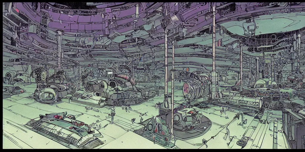 Prompt: underground scifi huge experimental tanks and bizarre creatures in it , mysterious laboratory, low ceiling, cables hanging from ceiling, thick cables on ground, ground perspective, huge computer screens, neons, top light , epic scene, illustration, art by ghibli moebius, comics art