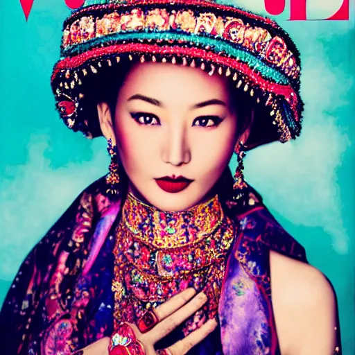 Image similar to a beautiful professional photograph by hamir sardar, herb ritts and ellen von unwerh for the cover of vogue magazine of a beautiful and unusually attractive tibetan female fashion model looking at the camera in a flirtatious way, zeiss 5 0 mm f 1. 8 lens