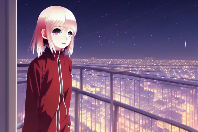 Prompt: anime visual young long - white - hair red - eyed girl sightseeing above the city at night from apartment balcony interior, guardrail, cute face ilya kuvshinov, makoto shinkai, kyoani, masakazu katsura, dynamic pose, crisp and sharp, yoshinari yoh, glossy rounded eyes, anime poster