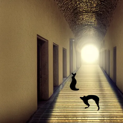 Image similar to a cat that is walking down a hallway, egyptian art by hanns katz, pixabay contest winner, magical realism, anamorphic lens flare, storybook illustration, matte painting