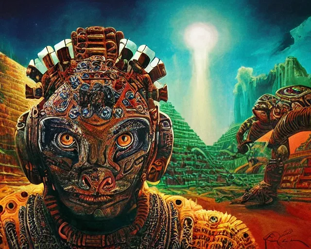 Image similar to mayan jaguar warrior exploring an alien world, 1 9 6 0's sci - fi, advanced technology deep aesthetic colors, 8 k, highly ornate intricate details, extreme detail,