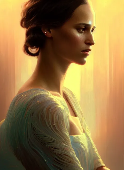 Prompt: portrait of alicia vikander, intricate, elegant, glowing lights, highly detailed, digital painting, artstation, glamor pose, concept art, smooth, sharp focus, illustration, art by wlop, alphonse mucha and craig mullins