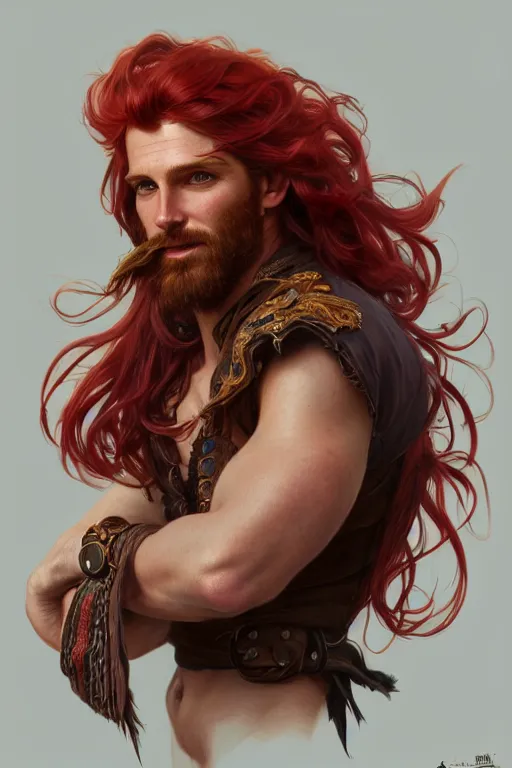 Image similar to portrait of a young ruggedly handsome but joyful pirate, male, masculine, full body, red hair, waist long hair, fantasy, intricate, elegant, highly detailed, digital painting, artstation, concept art, matte, sharp focus, illustration, art by artgerm and greg rutkowski and alphonse mucha
