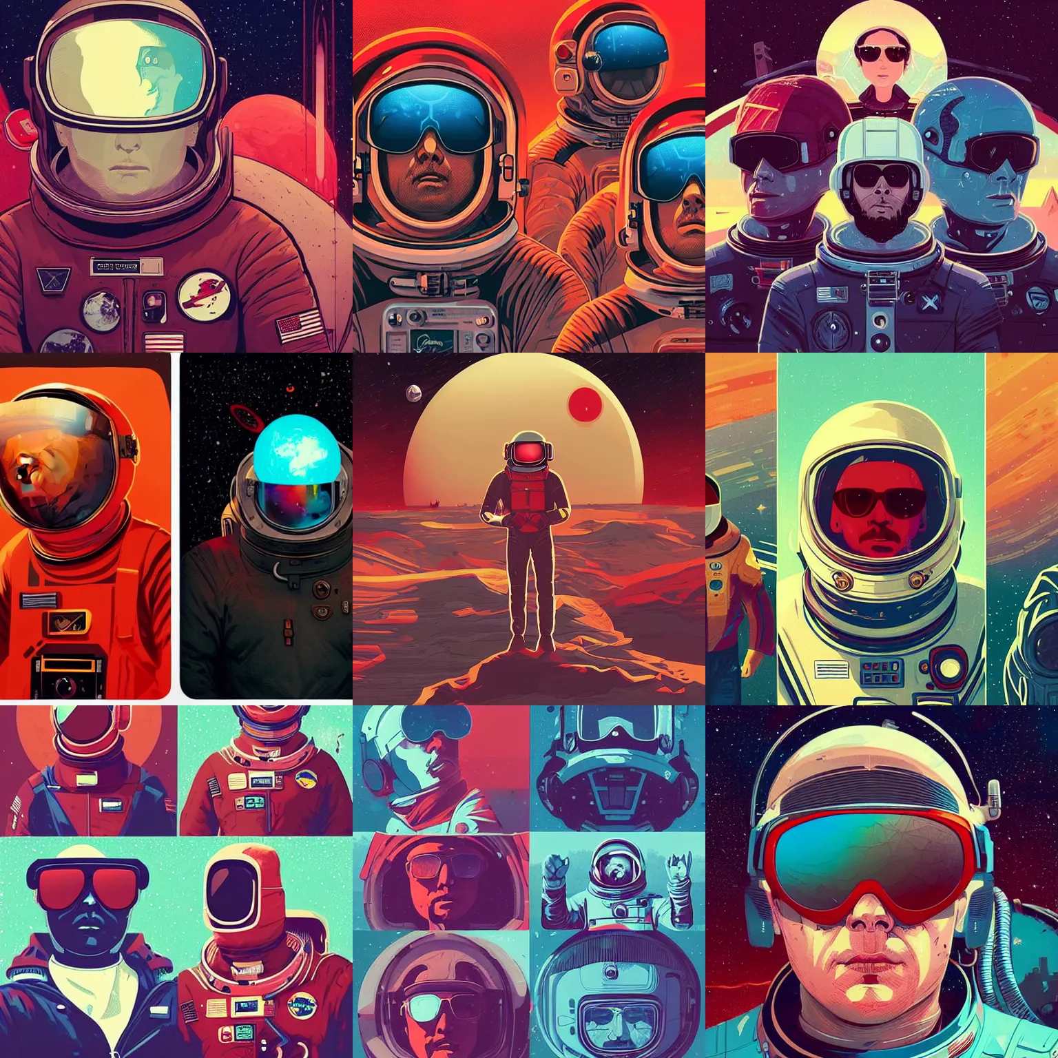 Prompt: cool retro space explorer portraits. sunglasses red astronaut suit. greg rutkowski, artgem, dan mumford, josan gonzalez, victo ngai