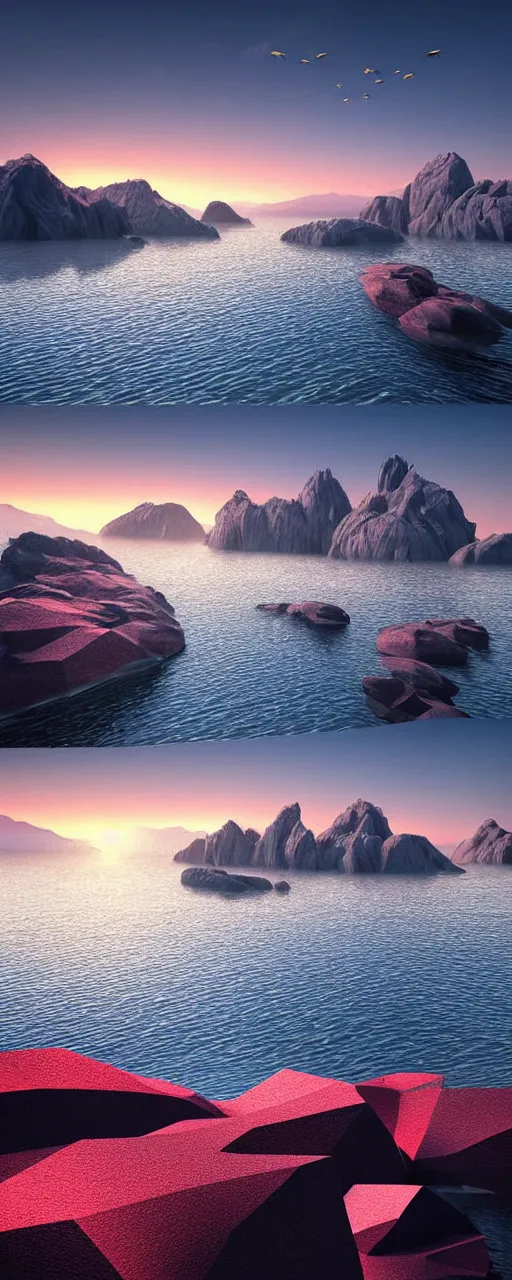 Image similar to super detailed color lowpoly art, northern sunset with rocks on front, monochrome photorealistic bay in the middle of perspective and mountains at background, big graphic ship in random point of bay, unreal engine, high contrast color palette, 3 d render, lowpoly, colorful, digital art, perspective, robb cobb