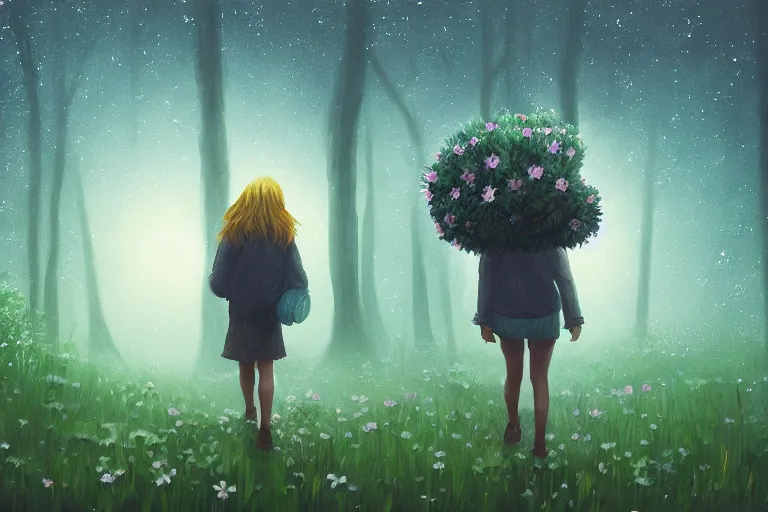 Image similar to giant bunch of daisy flowers head, girl walking in dark forest, surreal photography, dark night, stars, moon light, impressionist painting, clouds, digital painting, artstation, simon stalenhag