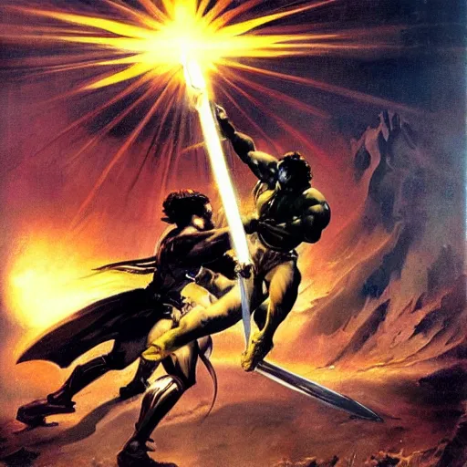 Image similar to a golden sword of pure light striking down a being of pure shadow, frank frazetta style