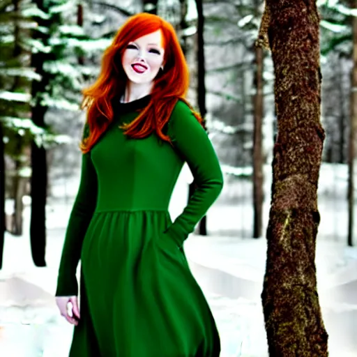 Image similar to redhead women in a green dress, with pockets, photorealistic, winter scenario